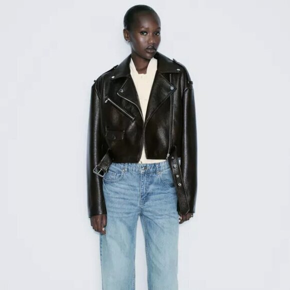 EU Zara Faux Leather Black Cropped Biker Jacket - Picture 1 of 15